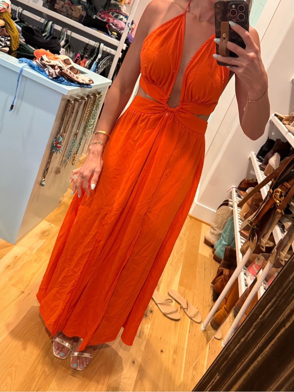 SHEIN Orange Halter Maxi Dress with Front Knot and Cutouts